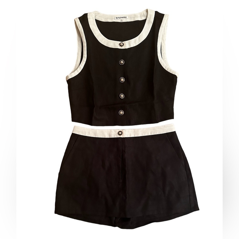 NEW Reformation Roxy Linen Two Piece Skort in Black White Contrast | size 2 - Picture 7 of 11